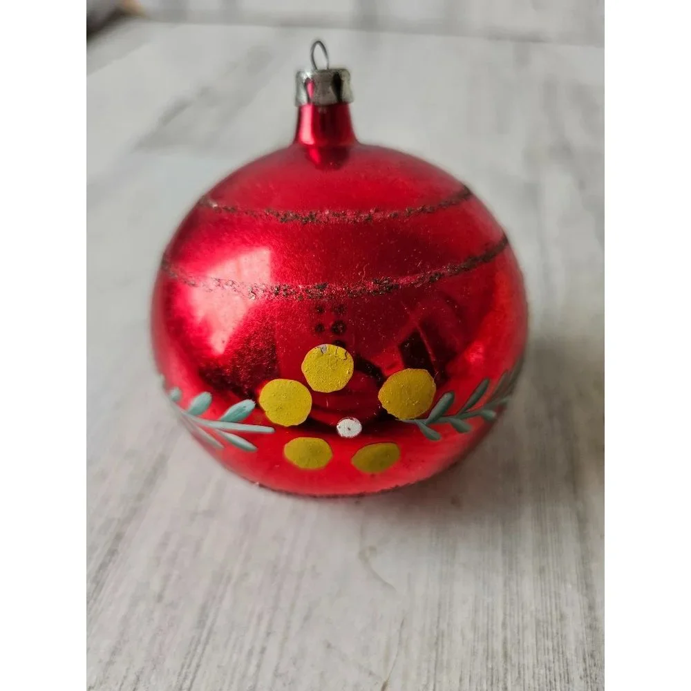 Antique Poland Glass‎ Holly Berry glitter ball ornament Xmas tree